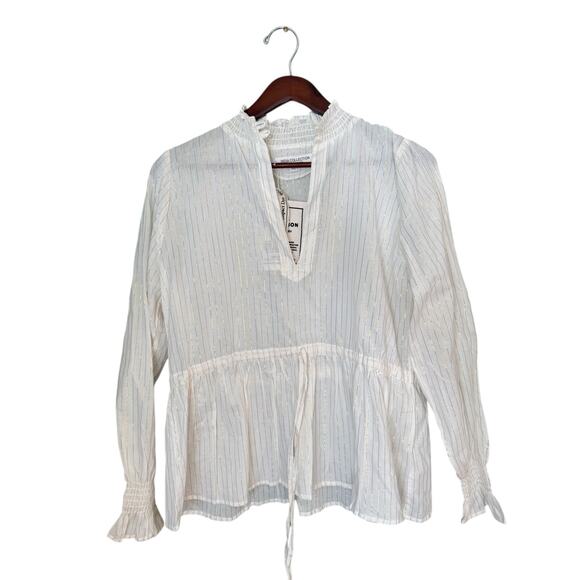 EMERSON FRY NWT INDIA COLLECTION Lucybella Top White Lurex Gold Stripes Sz M/L - Picture 2 of 11